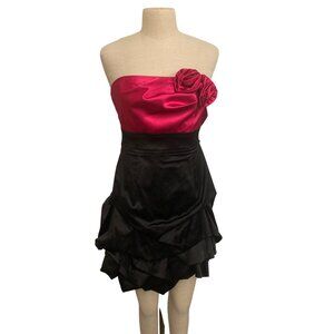 Teeze Me Strapless Red & Black Satin Dress With Rosettes & Ruffled Skirt Size 13